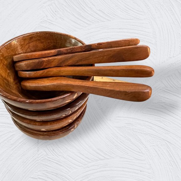 Sheesham Hand-Crafted Wooden Bowls Matching Spoons Set Of 4 With Floral Inlay De - Picture 15 of 16